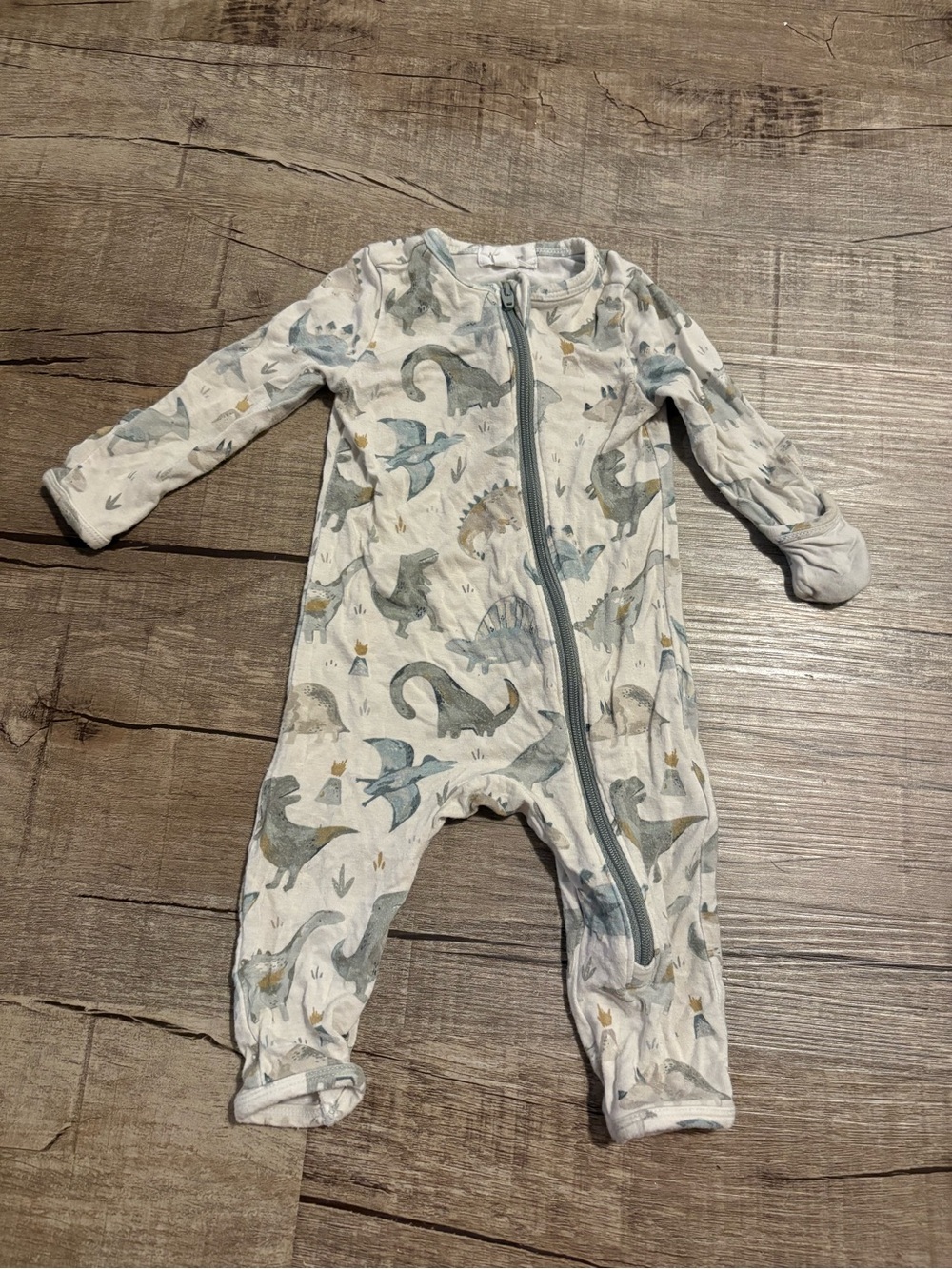 Bamboo White Footie with Blue & Gray Dinosaur Print